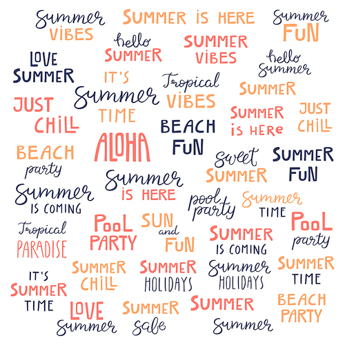 Big set of hand written summer lettering quotes, in blue, orange, pink. Hand drawn vector illustration. Isolated objects on white . Flat style design. Concept, element for poster, banner.