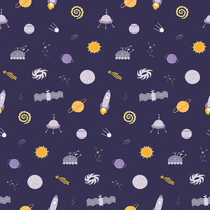 Hand drawn seamless vector pattern with cosmic elements, spaceships, planets, on a dark background. Scandinavian style flat design. Concept for children, textile , wallpaper, wrapping paper.