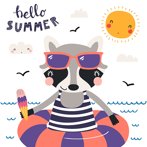 Hand drawn vector illustration of a cute raccoon swimming, with lettering quote Hello Summer. Isolated objects on white . Scandinavian style flat design. Concept for children .