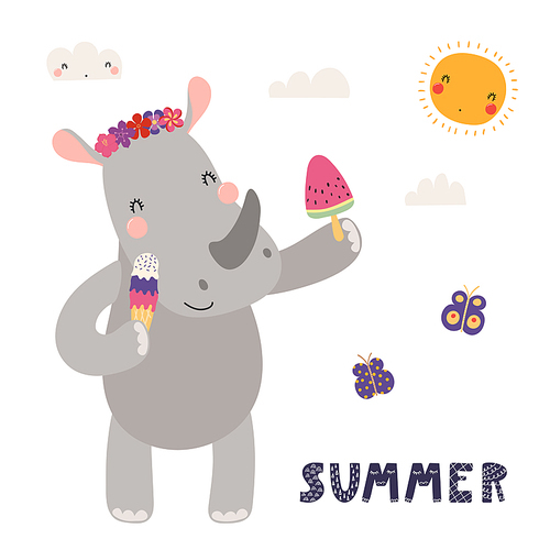 Hand drawn vector illustration of a cute rhino eating ice cream, with lettering quote Summer. Isolated objects on white . Scandinavian style flat design. Concept for children .