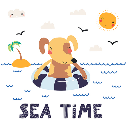 Hand drawn vector illustration of a cute dog in summer swimming, with lettering quote Sea time. Isolated objects on white . Scandinavian style flat design. Concept for children .