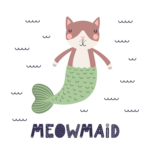 Hand drawn vector illustration of a cute cat mermaid swimming, with lettering quote Meowmaid. Isolated objects on white . Scandinavian style flat design. Concept for children .