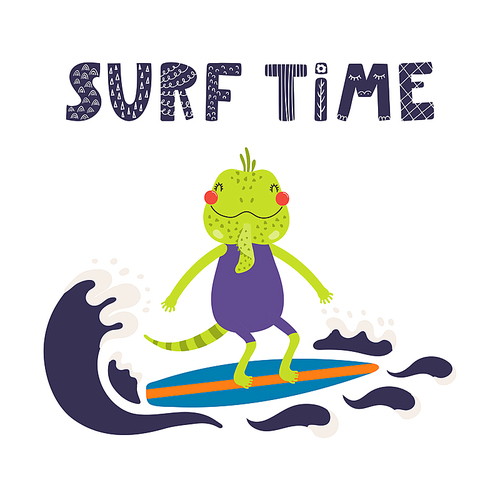 Hand drawn vector illustration of a cute iguana in summer surfing, with lettering quote Surf time. Isolated objects on white . Scandinavian style flat design. Concept for children .