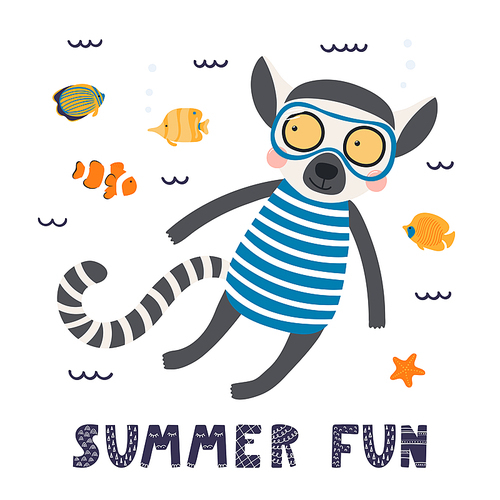 Hand drawn vector illustration of a cute lemur in summer snorkeling, with lettering quote Summer fun. Isolated objects on white . Scandinavian style flat design. Concept for children .