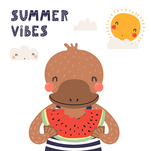 Hand drawn vector illustration of a cute platypus eating watermelon, with lettering quote Summer vibes. Isolated objects on white . Scandinavian style flat design. Concept for children