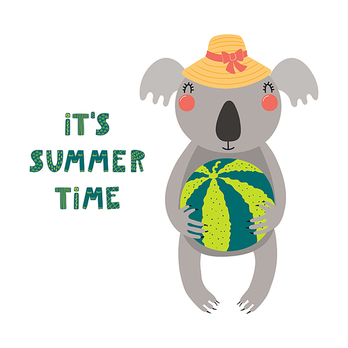 Hand drawn vector illustration of a cute koala with watermelon, lettering quote Its summer time. Isolated objects on white . Scandinavian style flat design. Concept for children .