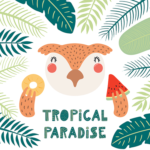Hand drawn vector illustration of a cute owl in summer, with watermelon, pineapple, quote Tropical paradise. Isolated objects on white . Scandinavian style flat design. Concept kids .