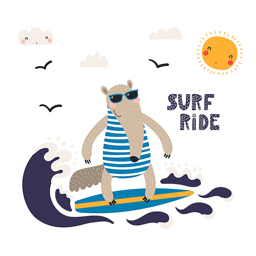 Hand drawn vector illustration of a cute anteater in summer surfing, with lettering quote Surf ride. Isolated objects on white . Scandinavian style flat design. Concept for children .