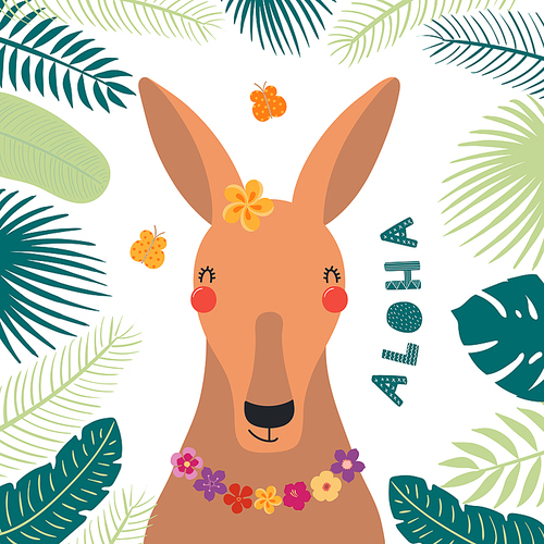 Hand drawn vector illustration of a cute kangaroo in summer in flower necklace, with lettering Aloha. Isolated objects on white . Scandinavian style flat design. Concept for children .