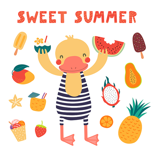 Hand drawn vector illustration of a cute duck in summer, with fruits, food, lettering quote Sweet summer. Isolated objects on white . Scandinavian style flat design. Concept children .