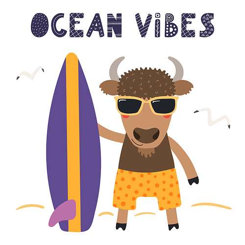 Hand drawn vector illustration of a cute bison in summer, with surfboard, lettering quote Ocean vibes. Isolated objects on white . Scandinavian style flat design. Concept for children .