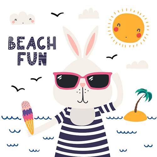Hand drawn vector illustration of a cute bunny in summer in sunglasses, lettering quote Beach fun. Isolated objects on white . Scandinavian style flat design. Concept for children .