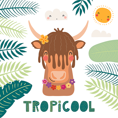 Hand drawn vector illustration of a cute yak in summer in flower necklace, with lettering quote Tropicool. Isolated objects on white . Scandinavian style flat design. Concept for kids .