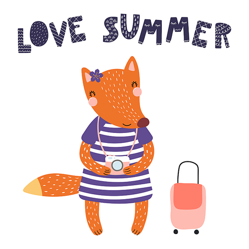 Hand drawn vector illustration of a cute fox with photo camera, suitcase, lettering quote Love summer. Isolated objects on white . Scandinavian style flat design. Concept for children .