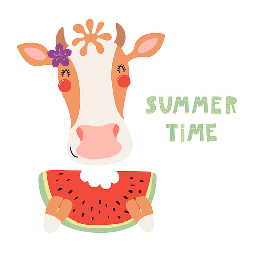 Hand drawn vector illustration of a cute cow eating watermelon, with lettering quote Summer time. Isolated objects on white . Scandinavian style flat design. Concept for children print.