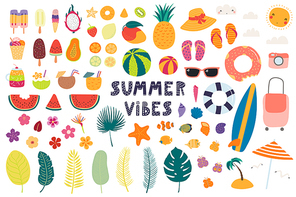 Big summer set with fruits, drinks, pool floats, seashells, palm leaves. Isolated objects on white . Hand drawn vector illustration. Scandinavian style flat design. Concept for kids .