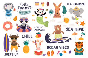 Big summer set with cute animals, quotes, fruits, drinks, pool floats. Isolated objects on white background. Hand drawn vector illustration. Scandinavian style flat design. Concept for children .