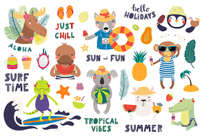 Big summer set with cute animals, quotes, fruits, drinks, pool floats. Isolated objects on white background. Hand drawn vector illustration. Scandinavian style flat design. Concept for children print.
