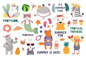 Big summer set with cute animals, quotes, fruits, drinks, pool floats. Isolated objects on white . Hand drawn vector illustration. Scandinavian style flat design. Concept for children .