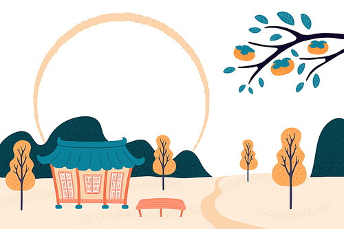hand drawn vector illustration for 중추절 in korea, chuseok, with country landscape, hanok, persimmon tree branch, full moon. flat style design. concept for holiday card, poster, banner.