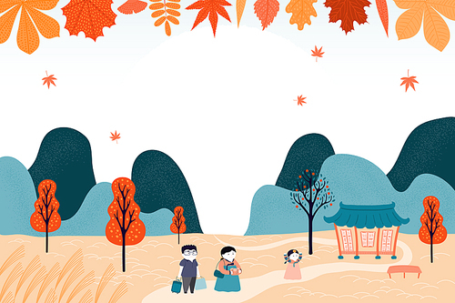 Hand drawn vector illustration for Korean holiday Chuseok, with country landscape, family visiting grandparents, falling leaves, full moon. Flat style design. Concept for card, poster, banner.