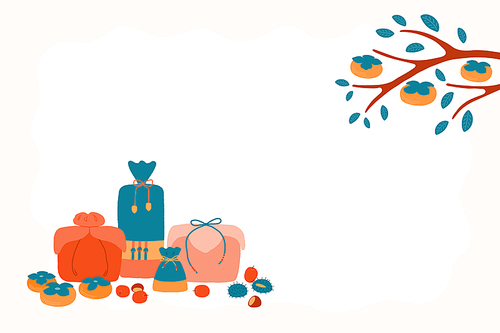 Hand drawn vector illustration for Korean holiday Chuseok, with gifts, persimmons, chestnuts, jujube. Flat style design. Concept for card, poster, banner.