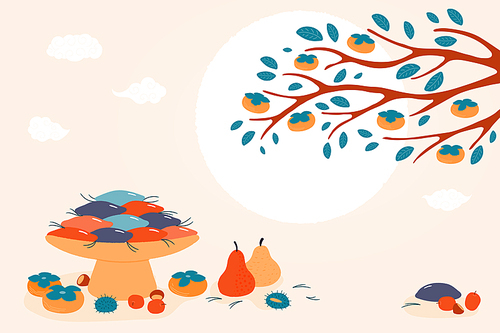 Hand drawn vector illustration for Korean holiday Chuseok, with persimmons, mooncakes, chestnuts, jujube, pears, pine needles, full moon, clouds. Flat style design. Concept for card, poster, banner.