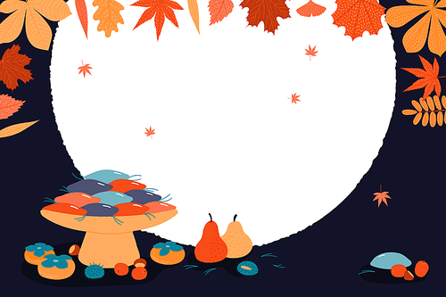 Hand drawn vector illustration for Korean holiday Chuseok, with persimmons, mooncakes, chestnuts, jujube, pears, pine needles, full moon, leaves. Flat style design. Concept for card, poster, banner.