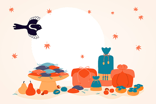Hand drawn vector illustration for Korean holiday Chuseok, with gifts, persimmons, mooncakes, chestnuts, jujube, pears, leaves, full moon, magpie. Flat style design. Concept for card poster banner