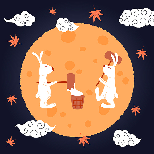 holiday card, poster, banner design with full moon, cute rabbits making cakes, maple leaves, clouds. hand drawn vector illustration. concept for 중추절 decor element. flat style.