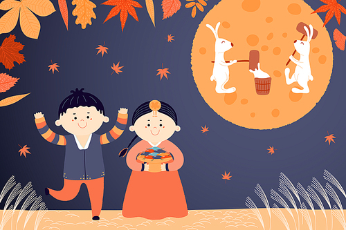 Hand drawn vector illustration for Korean holiday Chuseok with cute children, boy and girl, in hanboks, mooncakes, rabbits on the moon, autumn leaves. Flat style design. Concept card, poster, banner.