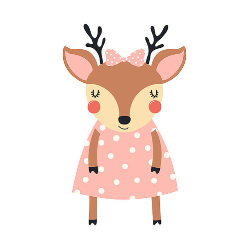 Hand drawn vector illustration of a cute funny deer girl in a pink polka dots dress, with a ribbon. Isolated objects on white . Scandinavian style flat design. Concept for children .