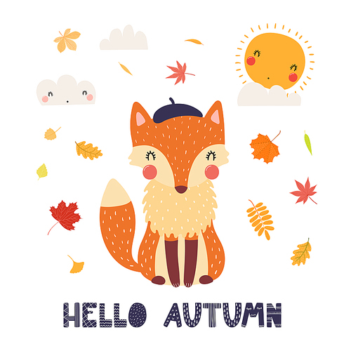 Hand drawn vector illustration of a cute fox in beret, with leaves, sun, clouds, quote Hello Autumn. Isolated objects on white . Scandinavian style flat design. Concept for children .