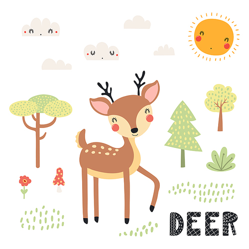 Hand drawn vector illustration of a cute deer in the forest, woodland landscape, with text. Isolated objects on white . Scandinavian style flat design. Concept for children print.