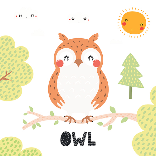 Hand drawn vector illustration of a cute owl in the forest, woodland landscape, with text. Isolated objects on white . Scandinavian style flat design. Concept for children .