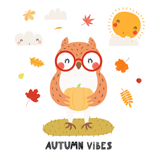 Hand drawn vector illustration of a cute owl in glasses, with pumpkin, leaves, quote Autumn vibes. Isolated objects on white . Scandinavian style flat design. Concept for children .