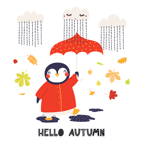 Hand drawn vector illustration of a cute penguin with umbrella, leaves, rain, quote Hello Autumn. Isolated objects on white . Scandinavian style flat design. Concept for children .