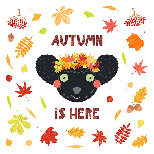 Hand drawn vector illustration of a cute indri lemur in leaves wreath, with quote Autumn is here. Isolated objects on white . Scandinavian style flat design. Concept for children print.