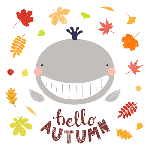 Hand drawn vector illustration of a cute funny whale with falling tree leaves, quote Hello Autumn. Isolated objects on white . Scandinavian style flat design. Concept for children .