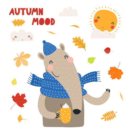 Hand drawn vector illustration of a cute anteater in hat, with hot drink cup, leaves, quote Autumn mood. Isolated objects on white . Scandinavian style flat design. Concept children .