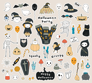 Big set of Halloween stickers with kawaii characters, haunted house, pumpkins, ghosts, skulls, candy. Isolated objects. Hand drawn vector illustration. Line drawing. Design concept for holiday .