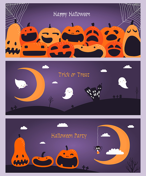 Set of horizontal Halloween banners with pumpkins, flying ghosts, spider webs, crescent moon, text. Hand drawn vector illustration. Design element for party invitation, holiday background. Flat style.
