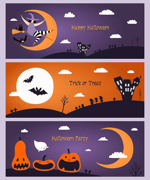 Set of horizontal Halloween banners with pumpkins, flying witch, kids in costumes, ghost, text. Hand drawn vector illustration. Design element for party invitation, holiday background. Flat style.