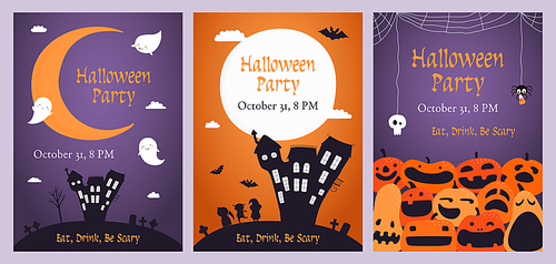 Set of Halloween party invitations with pumpkins, flying ghosts, spider webs, moon, kids in costumes, text. Hand drawn vector illustration. Design concept for banner, holiday background. Flat style.