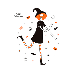 Hand drawn vector illustration of a dancing cartoon character in a witch costume, abstract elements, pumpkins, bats, ghosts, spider webs, skulls, corn candy, text Happy Halloween. Invitation design.