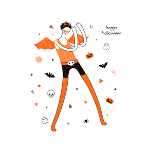 Hand drawn vector illustration of a dancing cartoon character in a devil costume, abstract elements, pumpkins, bats, ghosts, spider webs, skulls, corn candy, text Happy Halloween. Invitation design.