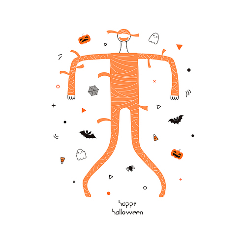Hand drawn vector illustration of a dancing cartoon character in a mummy costume, abstract elements, pumpkins, bats, ghosts, spider webs, skulls, corn candy, text Happy Halloween. Invitation design.