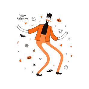 Hand drawn vector illustration of a dancing character in a Frankenstein monster costume, abstract elements, pumpkins, bats, ghosts, spider webs, corn candy, text Happy Halloween. Invitation design.