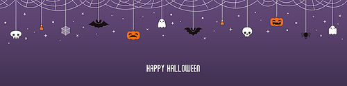 Happy Halloween garland, bunting with pumpkins, bats, ghosts, spider webs, skulls, corn candy, on violet background. Hand drawn vector illustration. Holiday concept. Banner, invitation design element.