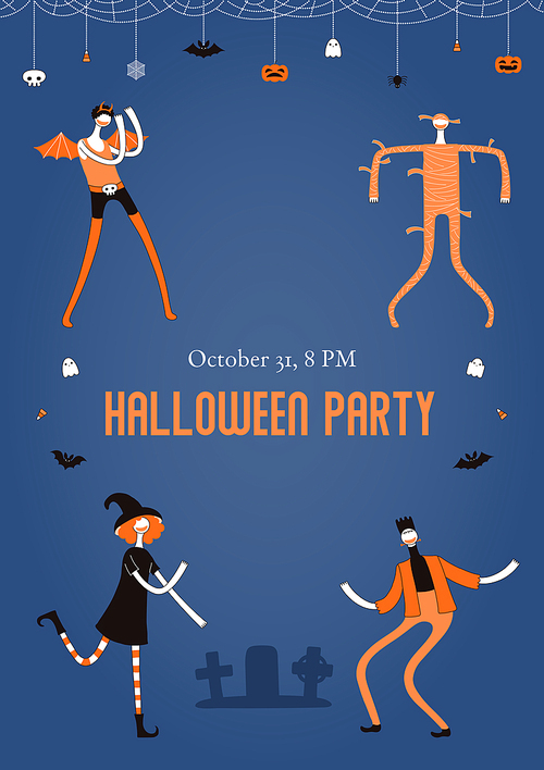 Halloween poster, party invitation design concept with dancing people in costumes, holiday bunting with pumpkins, bats, ghosts, spider webs, skulls, corn candy, text. Hand drawn vector illustration.